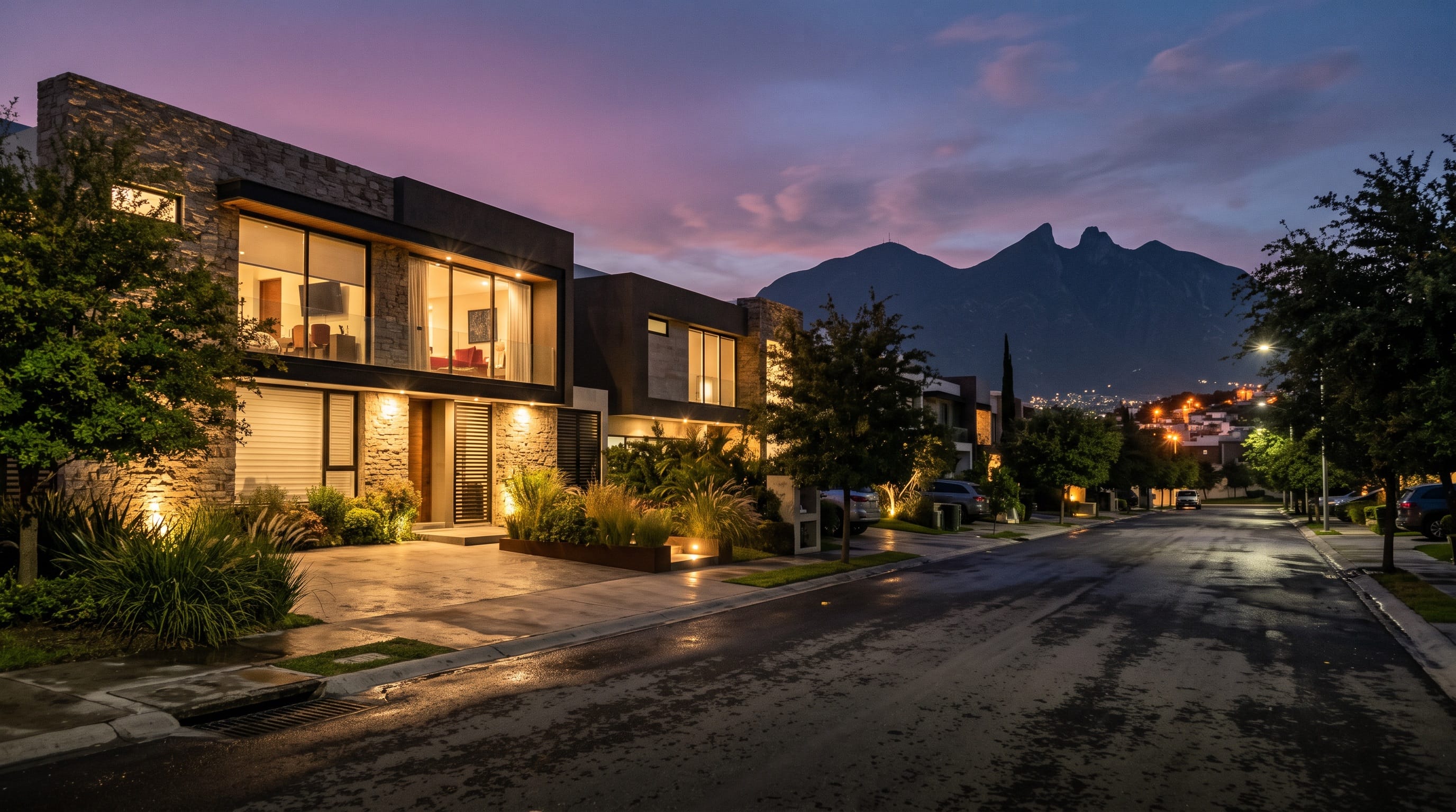 Calle de casas modernas con las luces encendidas al anochecer, con el Cerro de la Silla al fondo